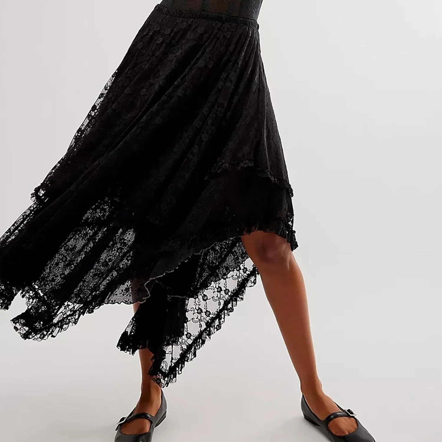 Winioder Floral Lace Maxi Skirts for Women Elastic Waist Asymmetrical Layered Long Skirts See Through Irregular Beach Skirt