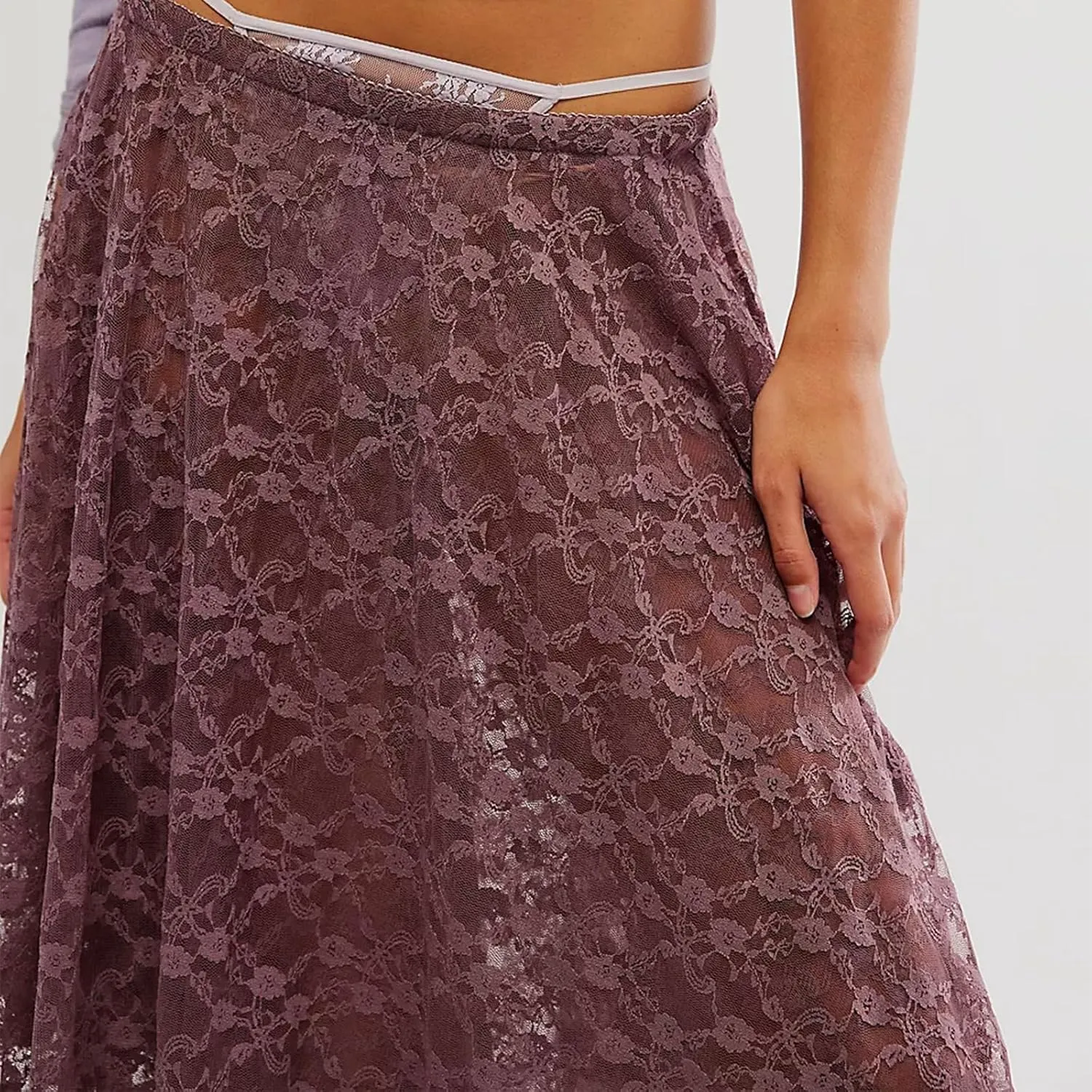 Winioder Floral Lace Maxi Skirts for Women Elastic Waist Asymmetrical Layered Long Skirts See Through Irregular Beach Skirt