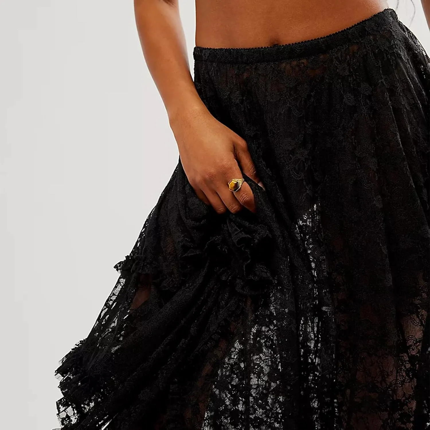 Winioder Floral Lace Maxi Skirts for Women Elastic Waist Asymmetrical Layered Long Skirts See Through Irregular Beach Skirt