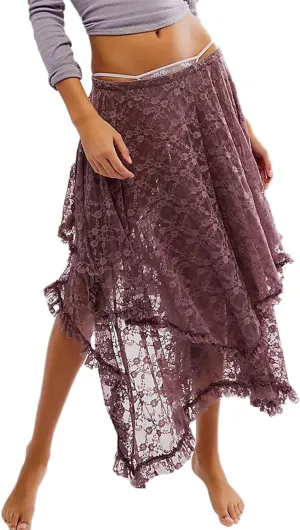 Winioder Floral Lace Maxi Skirts for Women Elastic Waist Asymmetrical Layered Long Skirts See Through Irregular Beach Skirt