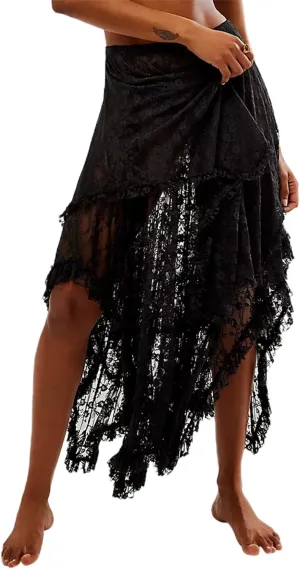 Winioder Floral Lace Maxi Skirts for Women Elastic Waist Asymmetrical Layered Long Skirts See Through Irregular Beach Skirt