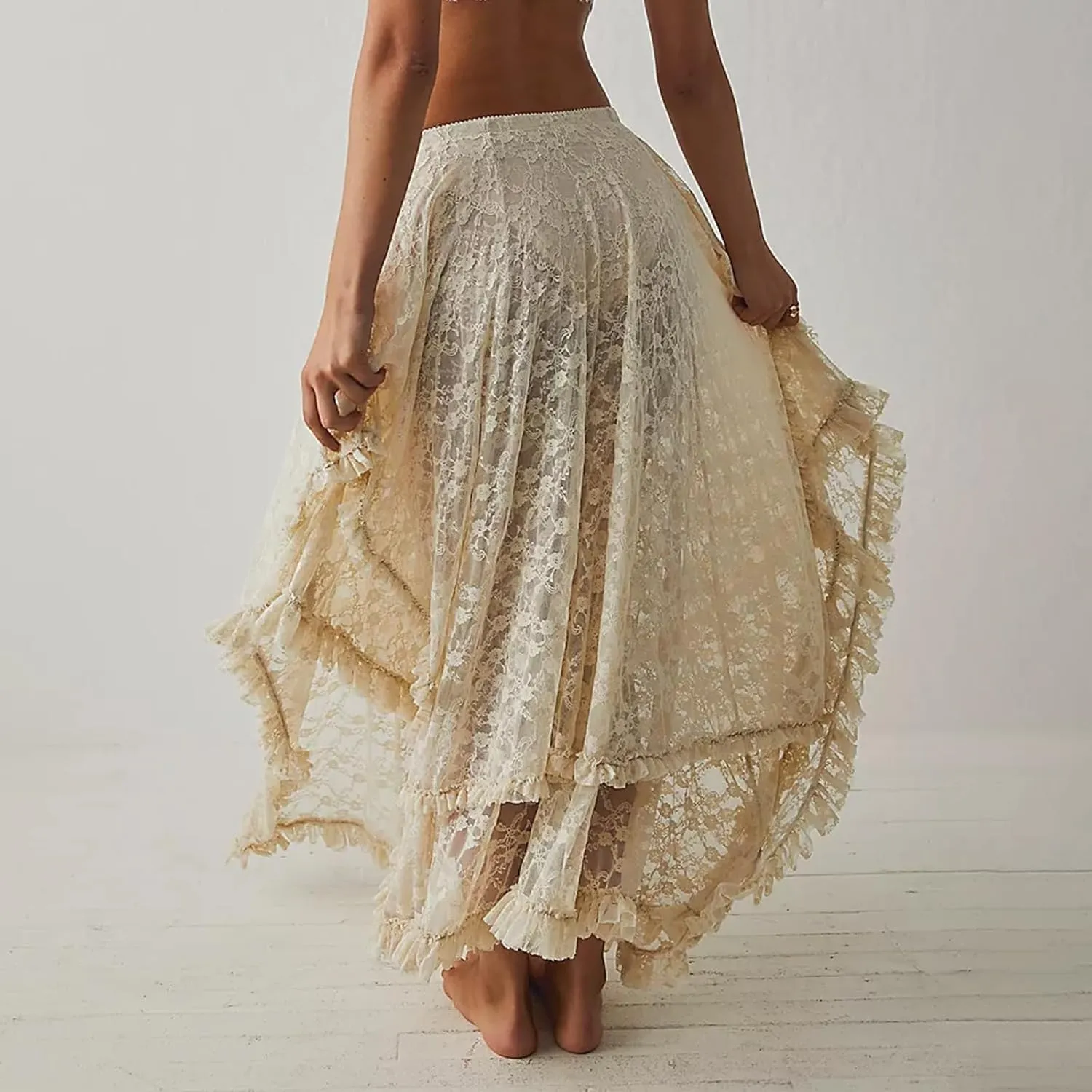 Winioder Floral Lace Maxi Skirts for Women Elastic Waist Asymmetrical Layered Long Skirts See Through Irregular Beach Skirt