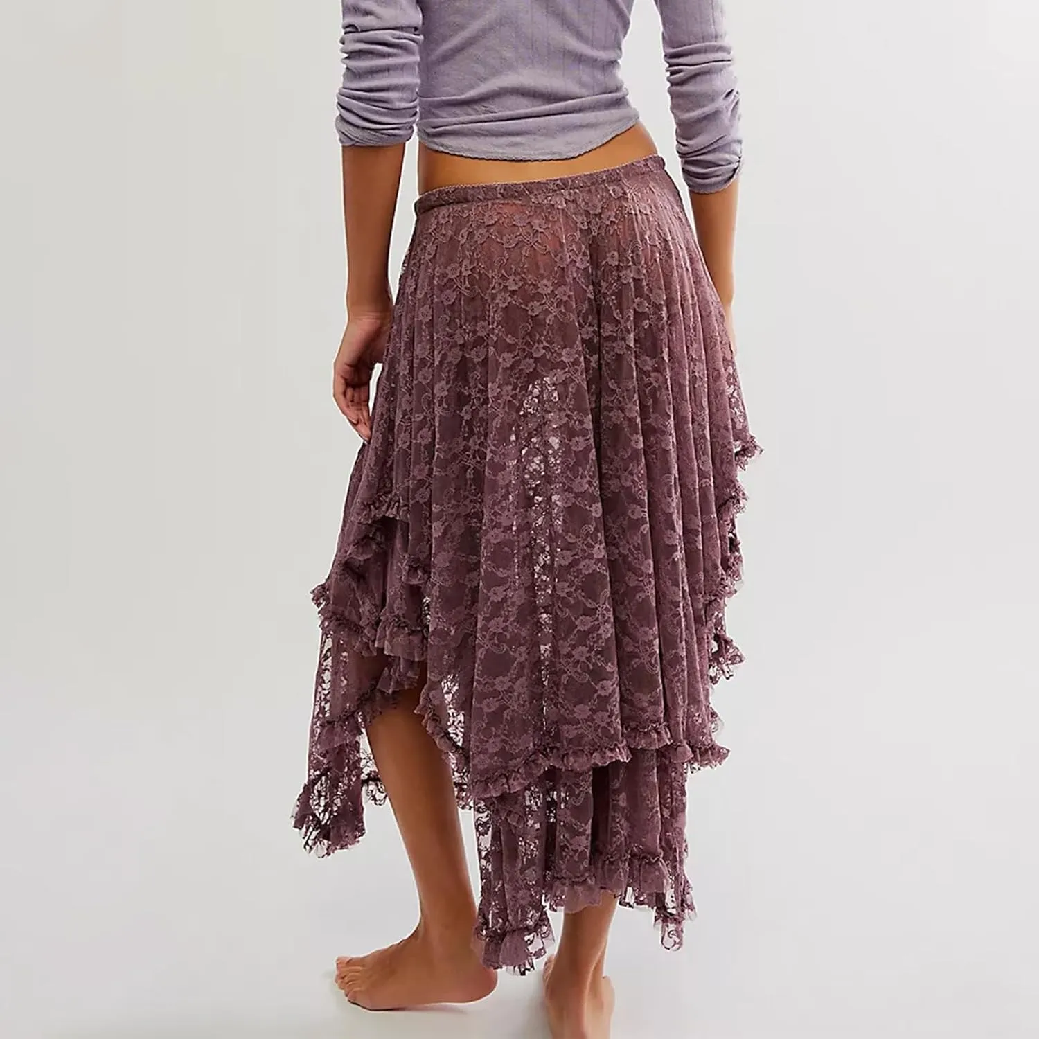 Winioder Floral Lace Maxi Skirts for Women Elastic Waist Asymmetrical Layered Long Skirts See Through Irregular Beach Skirt