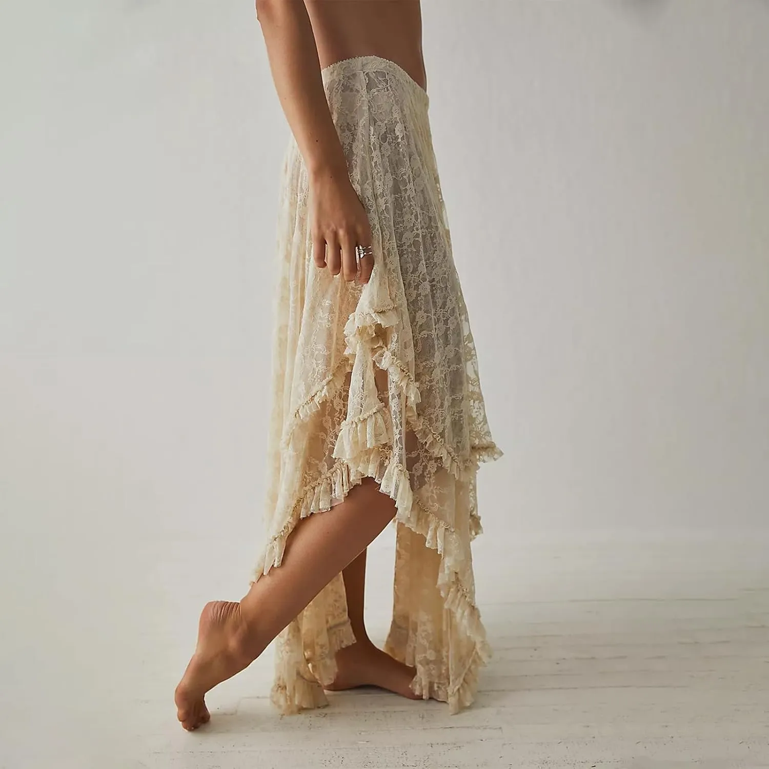 Winioder Floral Lace Maxi Skirts for Women Elastic Waist Asymmetrical Layered Long Skirts See Through Irregular Beach Skirt