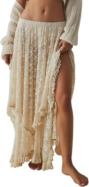 Winioder Floral Lace Maxi Skirts for Women Elastic Waist Asymmetrical Layered Long Skirts See Through Irregular Beach Skirt