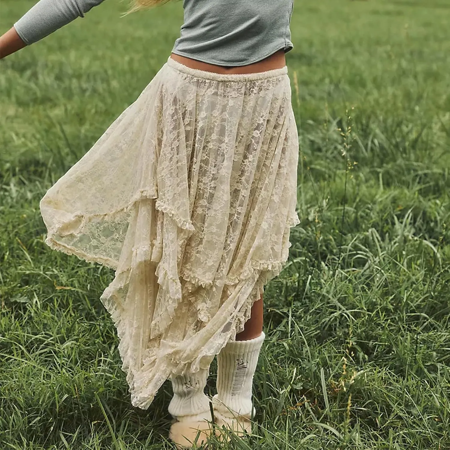 Winioder Floral Lace Maxi Skirts for Women Elastic Waist Asymmetrical Layered Long Skirts See Through Irregular Beach Skirt