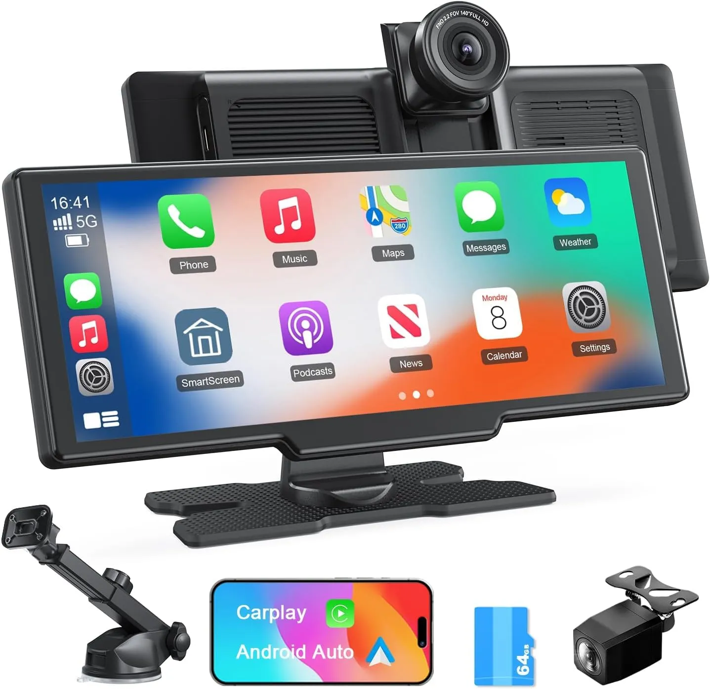 Wireless Apple Carplay Screen,Android Auto,with 4K Dash Cam,1080P Rear Camera,9.26'' Portable Car Stereo Touchscreen,Voice Control,GPS Navigation,Mirror Link,Car Audio Receivers with Bluetooth,AUX,FM