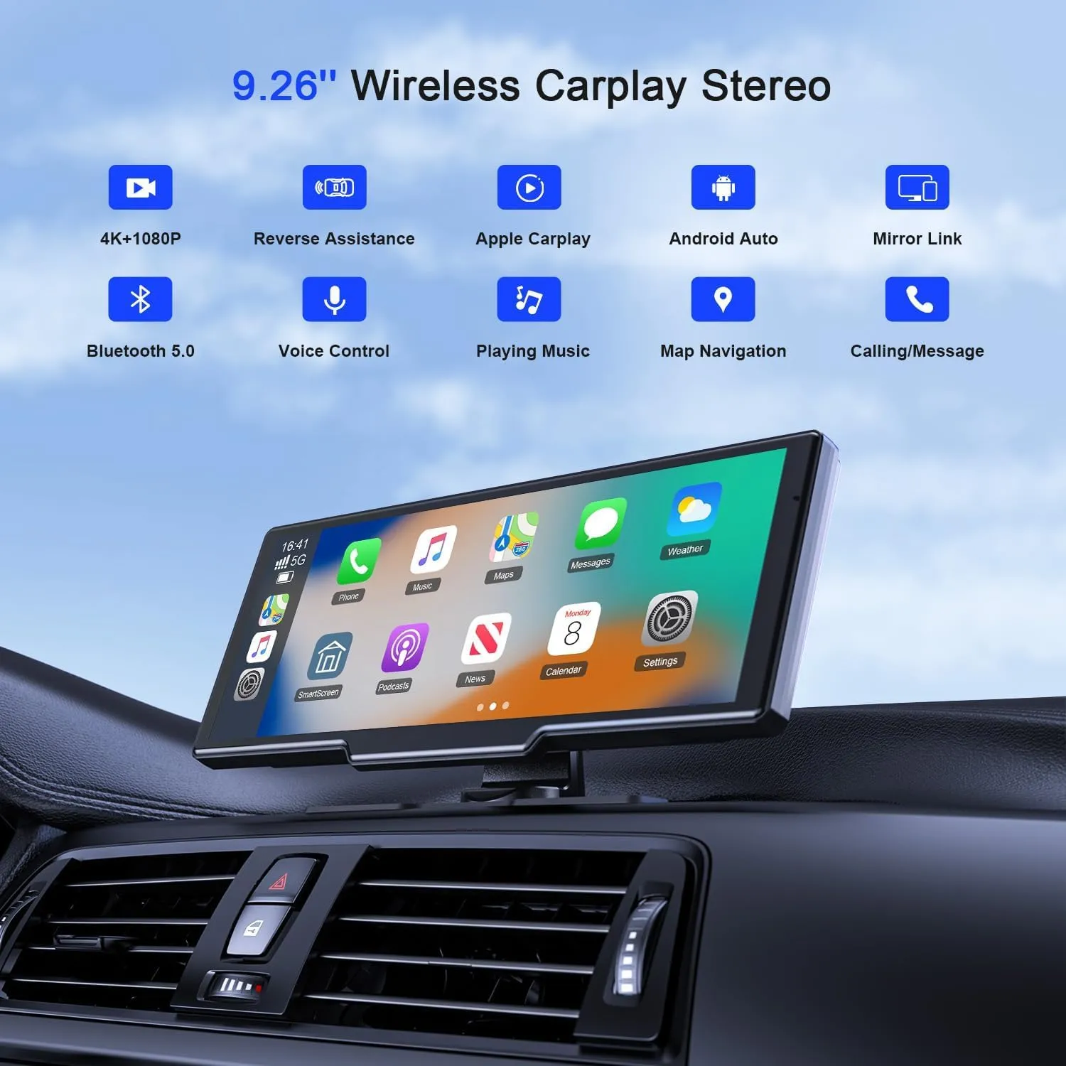 Wireless Apple Carplay Screen,Android Auto,with 4K Dash Cam,1080P Rear Camera,9.26'' Portable Car Stereo Touchscreen,Voice Control,GPS Navigation,Mirror Link,Car Audio Receivers with Bluetooth,AUX,FM