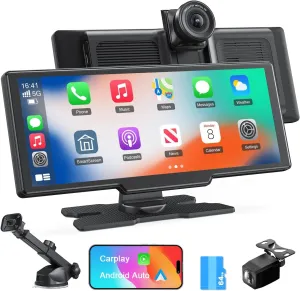 Wireless Apple Carplay Screen,Android Auto,with 4K Dash Cam,1080P Rear Camera,9.26'' Portable Car Stereo Touchscreen,Voice Control,GPS Navigation,Mirror Link,Car Audio Receivers with Bluetooth,AUX,FM