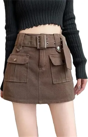 Women Cargo Mini Denim Skirts Multi Pockets Youth High Waisted Skirt