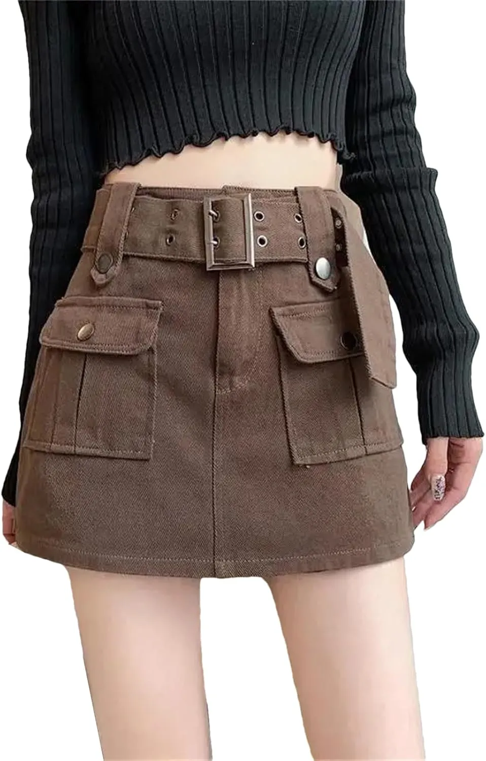 Women Cargo Mini Denim Skirts Multi Pockets Youth High Waisted Skirt