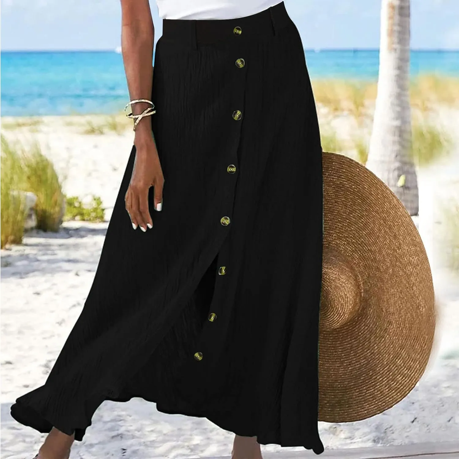Women Casual Beach Skirts Front Button Flowy Boho Summer Skirt Lightweight High Waist A Line Maxi Skirt Half Dress