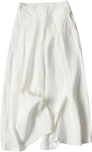 Women Cotton Linen Trousers Casual Solid Color High Waist Wide Leg Loose Palazzo Pants with Pockets