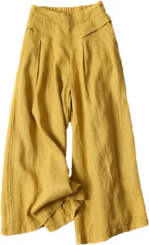 Women Cotton Linen Trousers Casual Solid Color High Waist Wide Leg Loose Palazzo Pants with Pockets