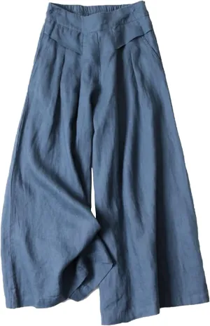 Women Cotton Linen Trousers Casual Solid Color High Waist Wide Leg Loose Palazzo Pants with Pockets