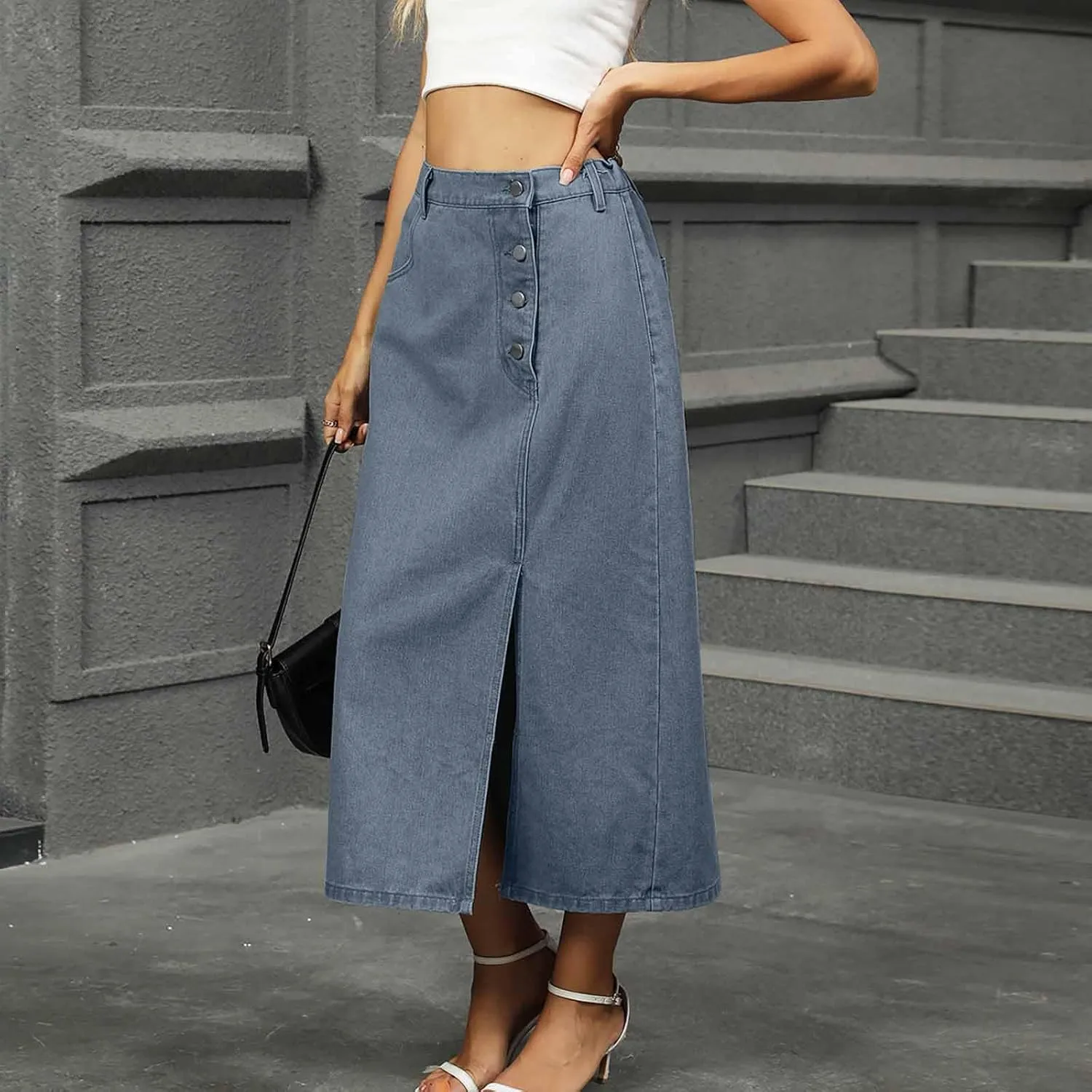Women Fashion Button Denim Skirt, High Waisted Split Hem Casual Long Skirts Going Out Trendy Clothes with Pockets