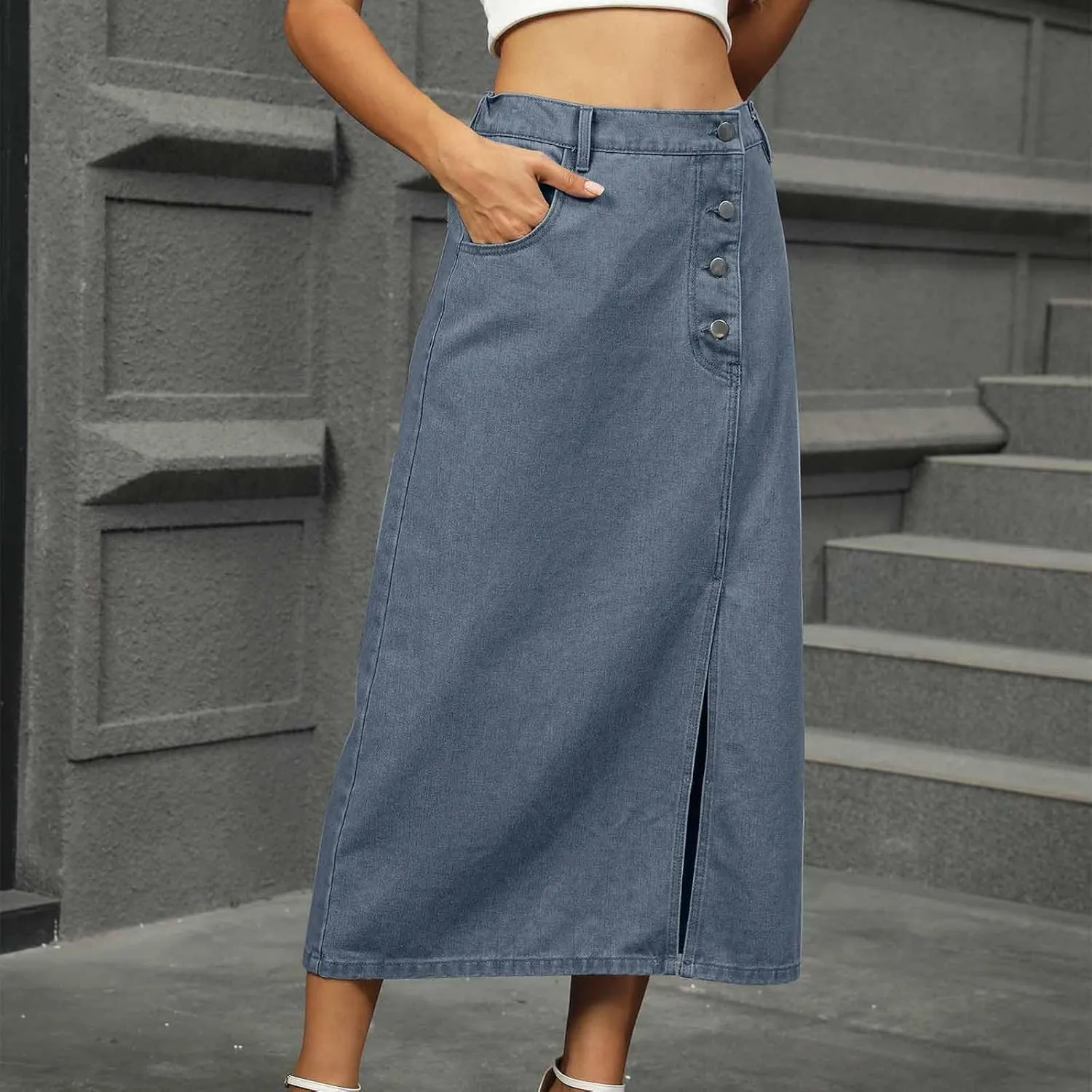 Women Fashion Button Denim Skirt, High Waisted Split Hem Casual Long Skirts Going Out Trendy Clothes with Pockets