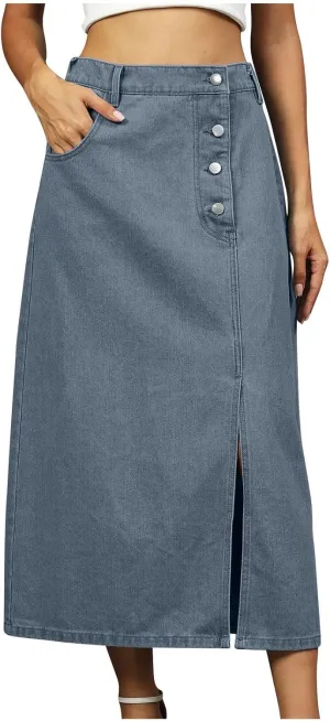 Women Fashion Button Denim Skirt, High Waisted Split Hem Casual Long Skirts Going Out Trendy Clothes with Pockets