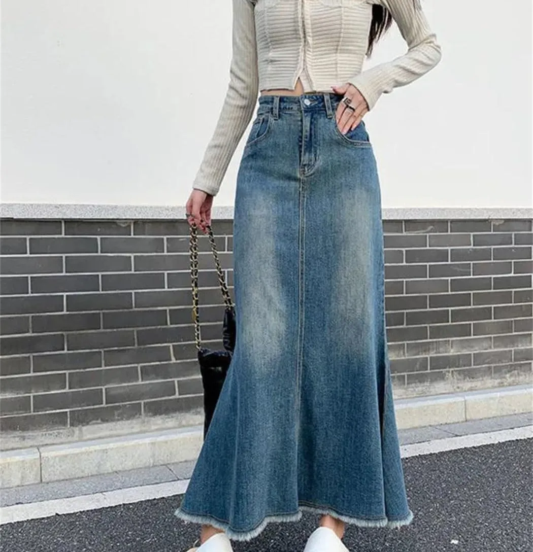 Women Fashion Denim Skirts Vintage High Waisted Casual Mermaid A Line Skirts