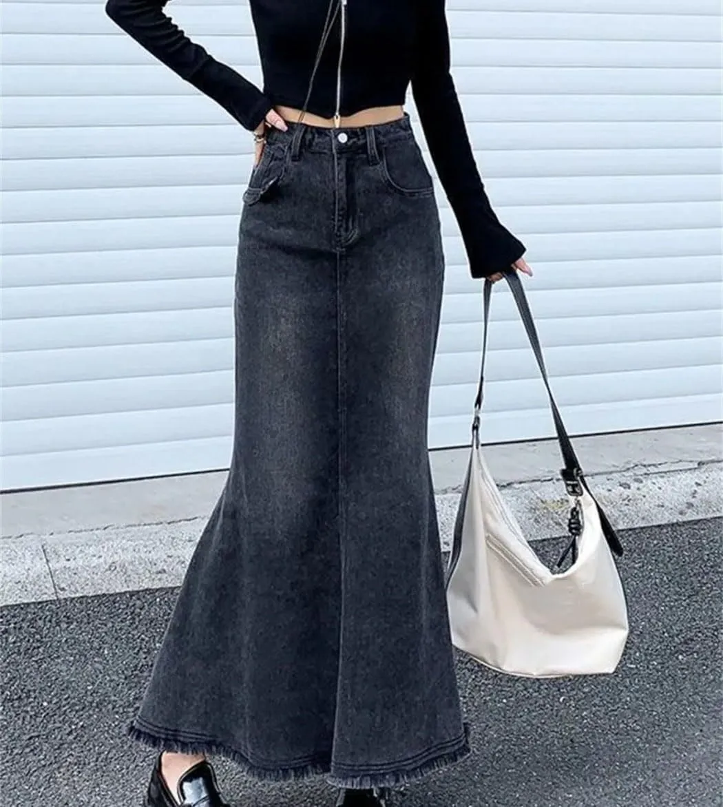 Women Fashion Denim Skirts Vintage High Waisted Casual Mermaid A Line Skirts