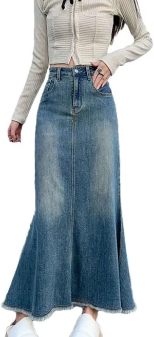 Women Fashion Denim Skirts Vintage High Waisted Casual Mermaid A Line Skirts
