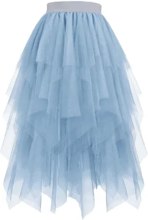 Women Fashion Layered Tulle Skirts, High Waisted Irregular Hem Midi Skirts Tutu Layered Puffy Fairy Skirts Party Clothes