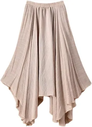 Women Flowing Pleated Asymmetrical Midi Skirt Loose Casual High Waist A-Line Summer Skirt