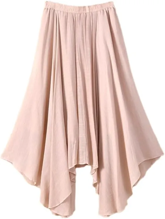 Women Flowing Pleated Asymmetrical Midi Skirt Loose Casual High Waist A-Line Summer Skirt