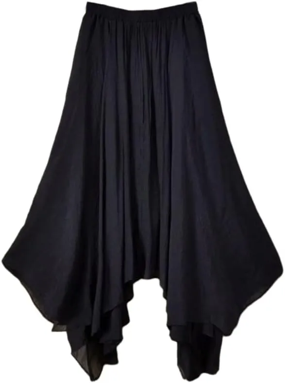 Women Flowing Pleated Asymmetrical Midi Skirt Loose Casual High Waist A-Line Summer Skirt
