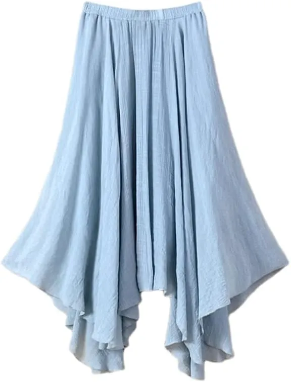 Women Flowing Pleated Asymmetrical Midi Skirt Loose Casual High Waist A-Line Summer Skirt