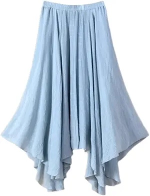 Women Flowing Pleated Asymmetrical Midi Skirt Loose Casual High Waist A-Line Summer Skirt