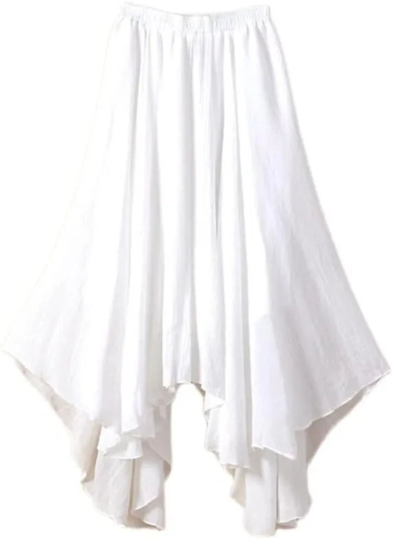 Women Flowing Pleated Asymmetrical Midi Skirt Loose Casual High Waist A-Line Summer Skirt
