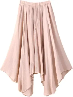 Women Flowing Pleated Asymmetrical Midi Skirt Loose Casual High Waist A-Line Summer Skirt