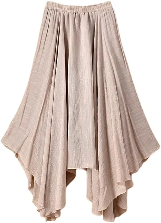 Women Flowing Pleated Asymmetrical Midi Skirt Loose Casual High Waist A-Line Summer Skirt
