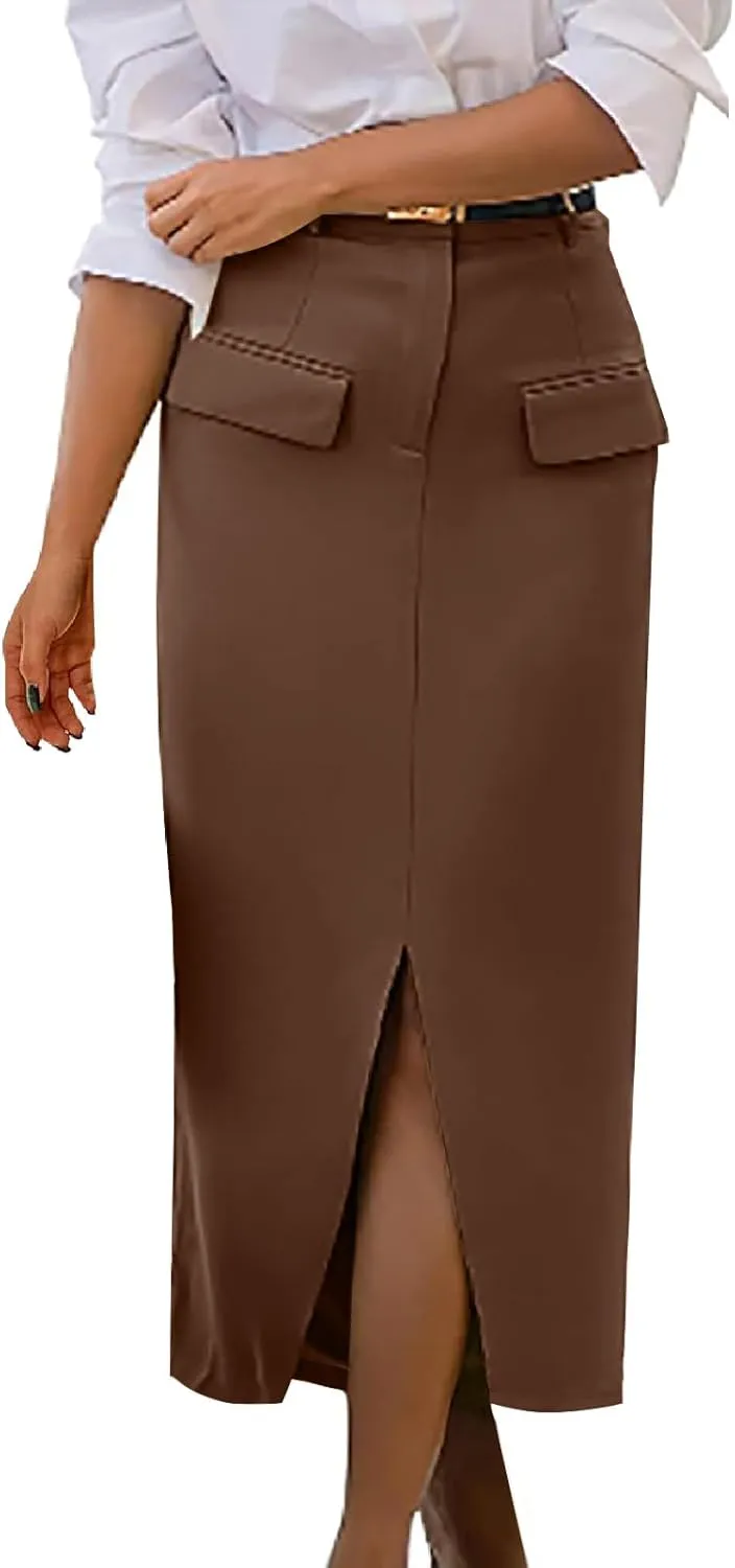 Women High Waisted Cargo Midi Skirt Trendy Spring Summer Pencil Slit Dressy Casual Business Work Long Skirts Y2k Ruched Skirt