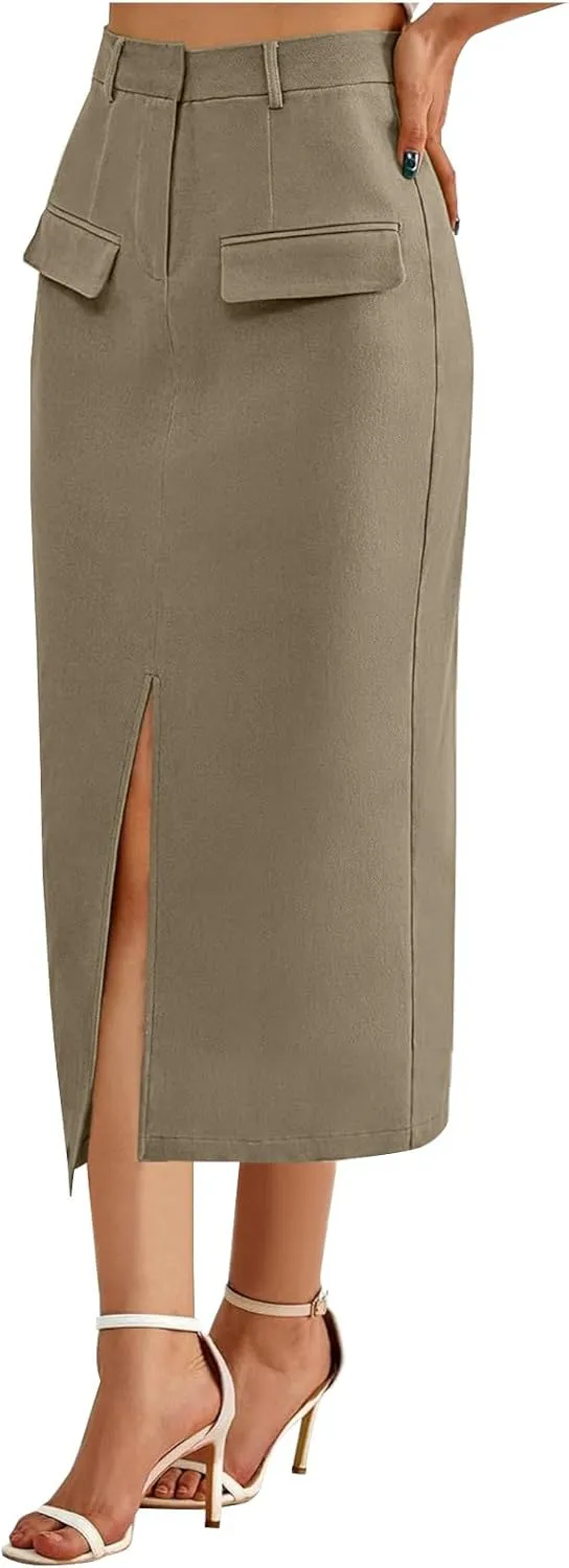 Women High Waisted Cargo Midi Skirt Trendy Spring Summer Pencil Slit Dressy Casual Business Work Long Skirts Y2k Ruched Skirt