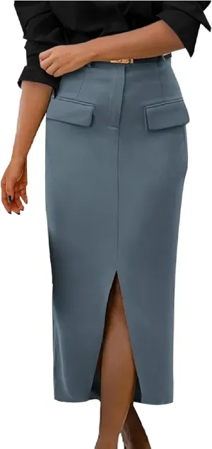 Women High Waisted Cargo Midi Skirt Trendy Spring Summer Pencil Slit Dressy Casual Business Work Long Skirts Y2k Ruched Skirt