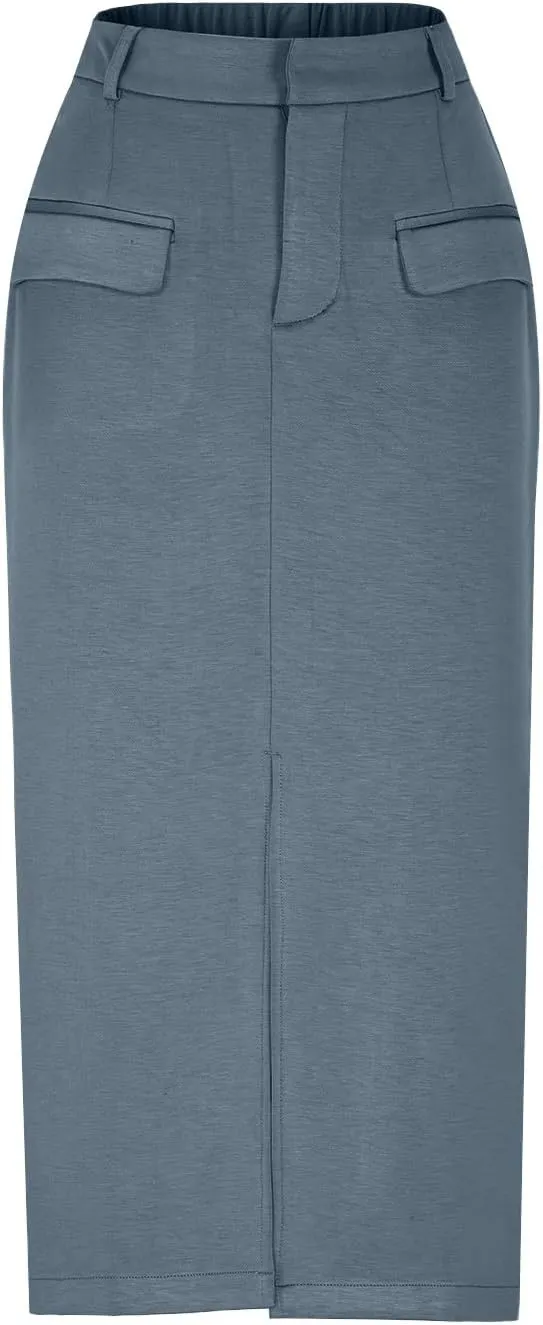 Women High Waisted Cargo Midi Skirt Trendy Spring Summer Pencil Slit Dressy Casual Business Work Long Skirts Y2k Ruched Skirt