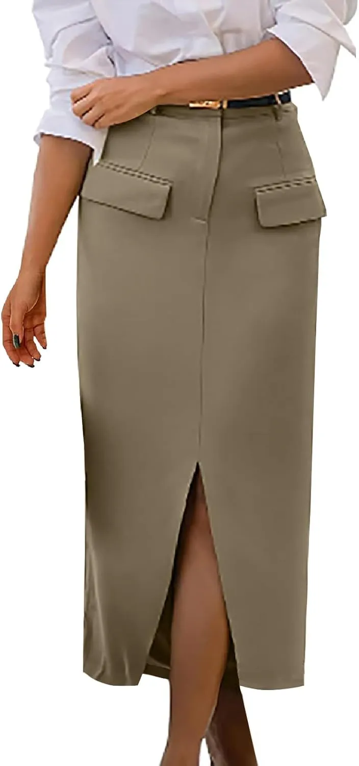 Women High Waisted Cargo Midi Skirt Trendy Spring Summer Pencil Slit Dressy Casual Business Work Long Skirts Y2k Ruched Skirt