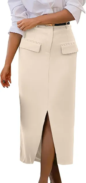 Women High Waisted Cargo Midi Skirt Trendy Spring Summer Pencil Slit Dressy Casual Business Work Long Skirts Y2k Ruched Skirt