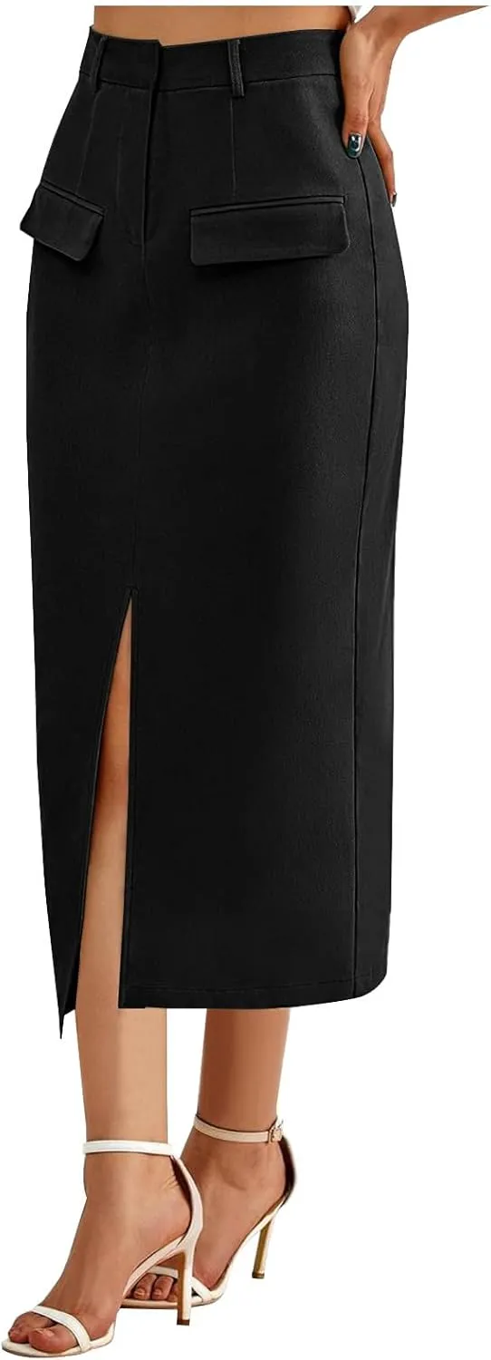 Women High Waisted Cargo Midi Skirt Trendy Spring Summer Pencil Slit Dressy Casual Business Work Long Skirts Y2k Ruched Skirt