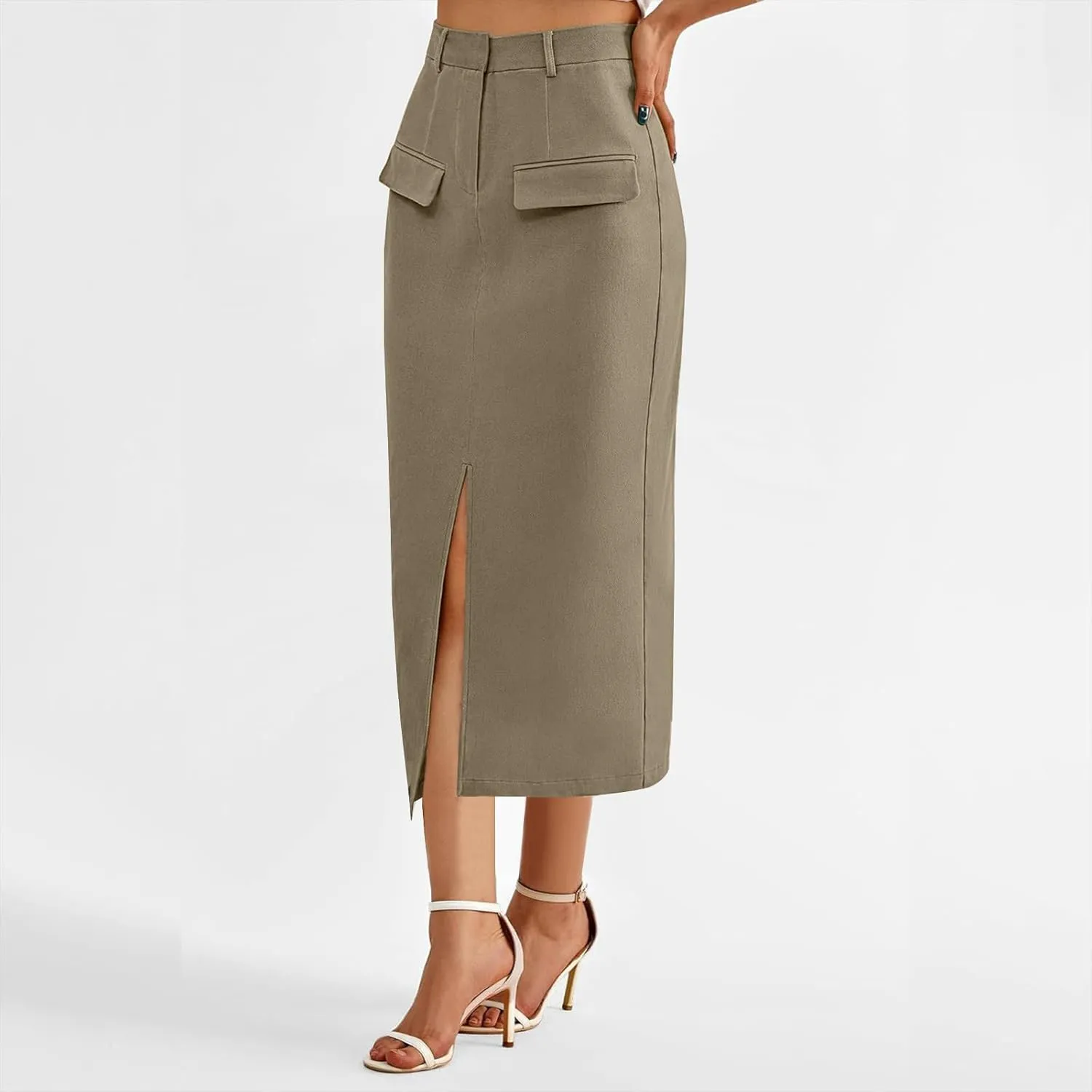 Women High Waisted Cargo Midi Skirt Trendy Spring Summer Pencil Slit Dressy Casual Business Work Long Skirts Y2k Ruched Skirt