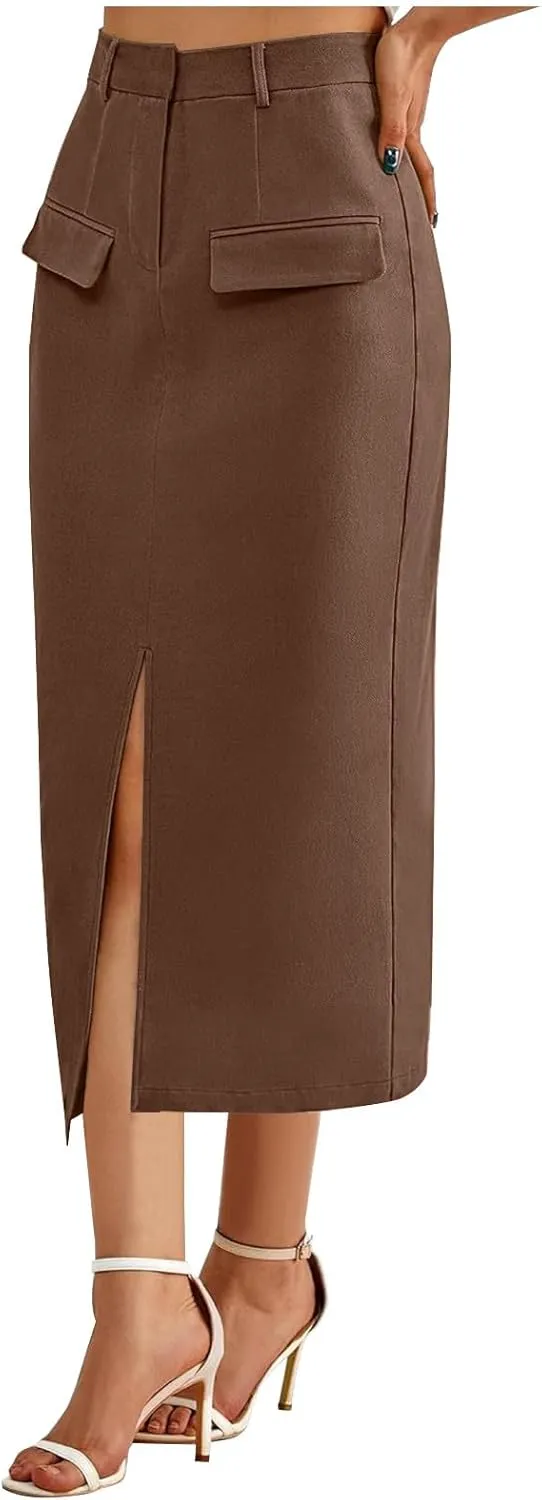 Women High Waisted Cargo Midi Skirt Trendy Spring Summer Pencil Slit Dressy Casual Business Work Long Skirts Y2k Ruched Skirt