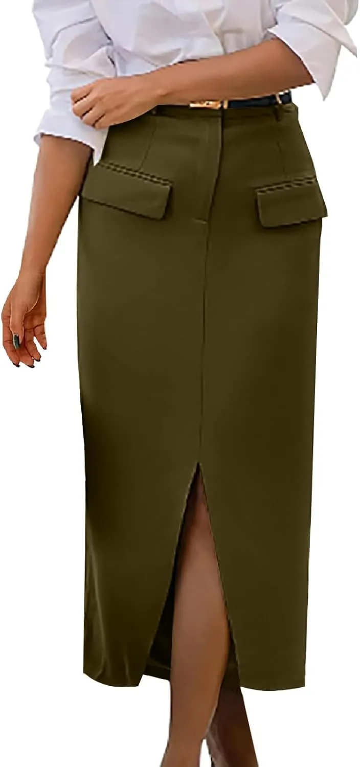 Women High Waisted Cargo Midi Skirt Trendy Spring Summer Pencil Slit Dressy Casual Business Work Long Skirts Y2k Ruched Skirt