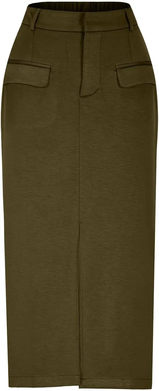 Women High Waisted Cargo Midi Skirt Trendy Spring Summer Pencil Slit Dressy Casual Business Work Long Skirts Y2k Ruched Skirt