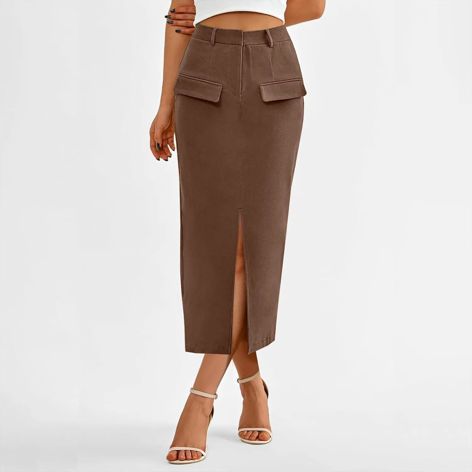 Women High Waisted Cargo Midi Skirt Trendy Spring Summer Pencil Slit Dressy Casual Business Work Long Skirts Y2k Ruched Skirt