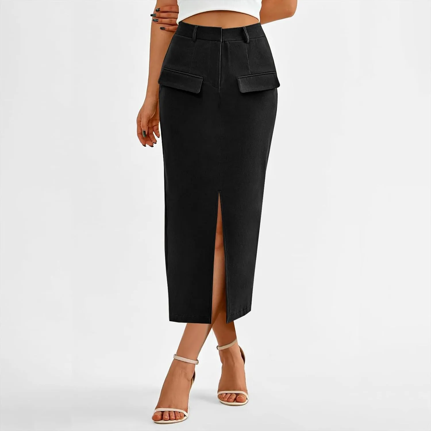 Women High Waisted Cargo Midi Skirt Trendy Spring Summer Pencil Slit Dressy Casual Business Work Long Skirts Y2k Ruched Skirt