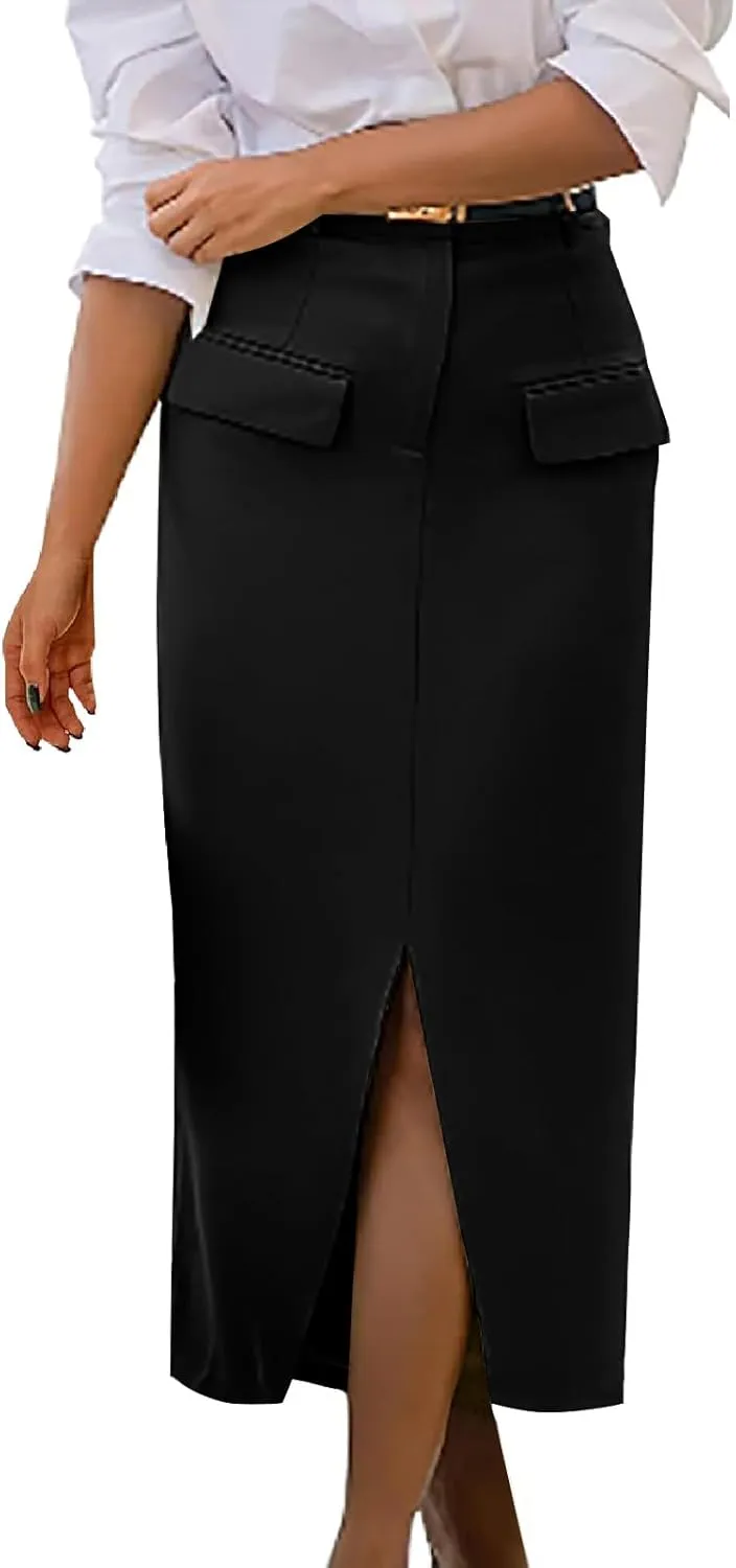 Women High Waisted Cargo Midi Skirt Trendy Spring Summer Pencil Slit Dressy Casual Business Work Long Skirts Y2k Ruched Skirt