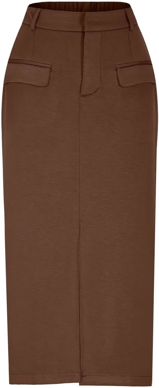 Women High Waisted Cargo Midi Skirt Trendy Spring Summer Pencil Slit Dressy Casual Business Work Long Skirts Y2k Ruched Skirt