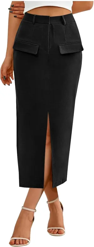 Women High Waisted Cargo Midi Skirt Trendy Spring Summer Pencil Slit Dressy Casual Business Work Long Skirts Y2k Ruched Skirt